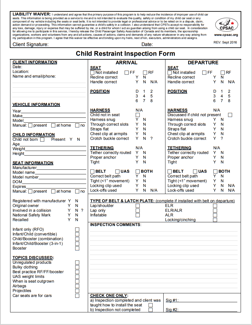Child Passenger Safety - Technician Check Form – IWK Child Safety Link